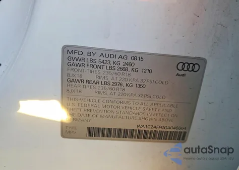 2016 Audi Q5 Premium z USA, uszkodzony, nr VIN WA1C2AFP0GA046864